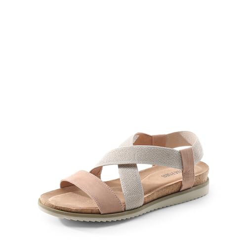 DREAM PAIRS Women's Comfortable Low Wedge Sandals, Open Toe Slip On Strappy Flat Sandals Light-weight Summer Shoes 6 Nude/White