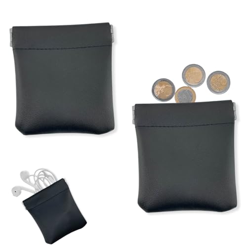 Mini Porte-Monnaies en Cuir PU 2 Pièces - Portefeuille Homme et Femme Compact avec Fermeture Automatique à Ressort pour Monnaie, Écouteurs et Petits Objets...