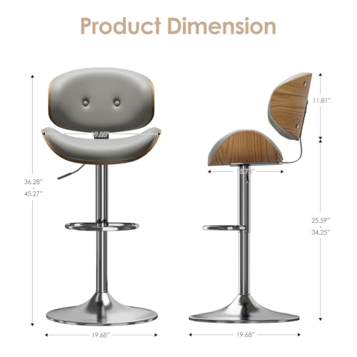 Image of Adjustable Swivel Bar Stools Chair,Counter Height Bar Stools with Back,350 LBS PU Leather Bar Stool for Kitchen Island,Upholstered Pub Stools with Footrest (Grey, Set of 1)
