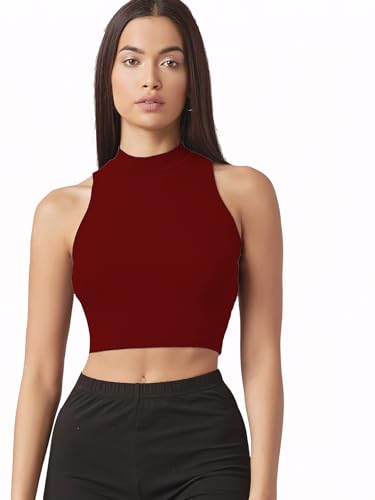 Image of Sugathari Women's & Girls' Solid Ribbed High Neck Sleeveless Crop Tops for Women (Top 37)