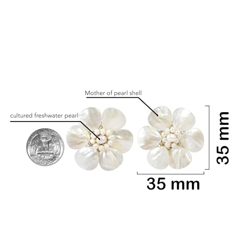 AeraVida Pretty White Mother of Pearl Flower Clip On Earrings for Women | Handmade Mother of Pearl Shell, Cultured Freshwater Pearl Earrings | 40 mm Width4