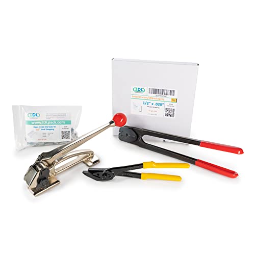 Image of IDL Packaging PRO 1 /2 inch x 200' Steel Strapping Kit, 1100 lbs Break Strength - Professional Grade Tools & Mini Strapping Coils - Enough Strapping and Seals for 100 Uses Before Refill