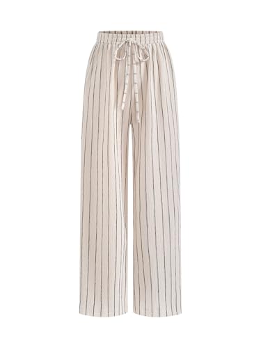 Women's Striped Drawstring Elastic Waist Pants Wide Leg Dressy Casual Trousers