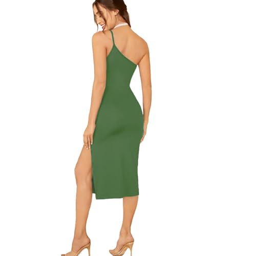 Image of TIVANTE Solid One Shoulder Midi Cami Bodycon Dress with Slit for Women