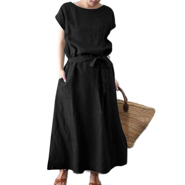 Women Linen Maxi Dress Short Sleeve Crewneck Casual Loose Swing Flowy Dress with Pocket Knotted Vacation Outfits
