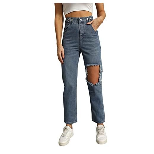 Dam säckiga jeans Y2K stil jeans med hög midja pojkvän slitna raka jeans med hål säckig stil jeans med vida ben lös denim byxor sprickor ribbade jeans, blå, S