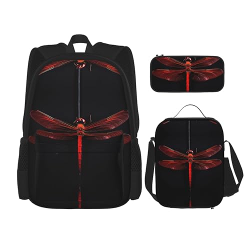 nanger Abstract Red Dragonfly Print 3-Piece Set Backpack, Lunch Bag And Pencil Case, For Travel, College, And Daily Use