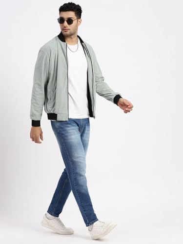 Image of SHOWOFFFF Men Solid Bomber Jacket | Mandarin Collar Full Sleeves Corduroy Jacket for Mens | Slim Fit Regular Length Jacket for Men's