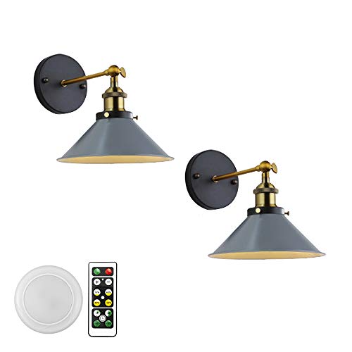 KAYYELAMP 2-Lights 100 Lumens Led Remote Control Battery Run Cordless Lamp Macaron Grey Wall Sconce Light Fixture for Bedroom Bathroom Wall Decor- Easy Installation, Dimmable,Battery Not Included