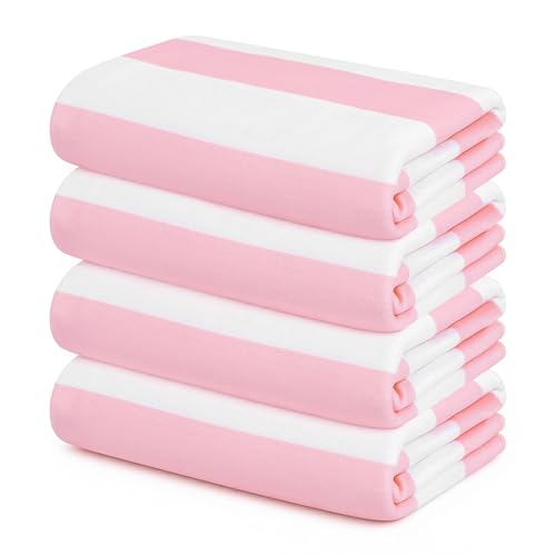 Touchat 4 Pack Beach Towels Oversized 30'' x 60'' Microfiber Pool Swim Bath Camping Travel Cabana Stripe Quick-Dry Super Absorbent Lightweight Sand Free Towel for Adults, Multi-Functional，Pink