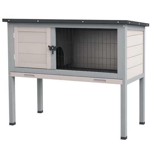 PawHut Elevated Wooden Rabbit Hutch Indoor/Outdoor Bunny Cage with Hinged Asphalt Roof and Removable Tray for Guinea Pig Light Gray