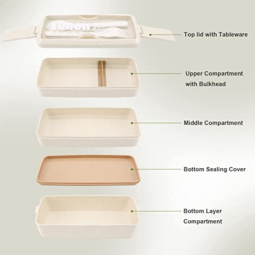 3 Layer Lunch Box Bento Box for Adults, 4-in-1 Meal Prep Container with Fork & Spoon, 1000ml Food Storage Box for Men Women Student School Office, Microwave Dishwasher Safe Available (Beige)