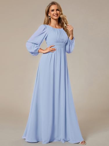 Image of Ever-Pretty Women's Crewneck Long Lantern Sleeves Floor Length A-Line Pleated Chiffon Formal Dress 0106B