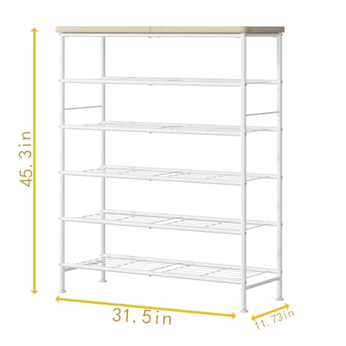 Image of SUOERNUO Shoe Rack Organizer 6 Tier for Closet Entryway Free Standing Metal Storage Shoe Shelf with MDF Top Board,White+Oak