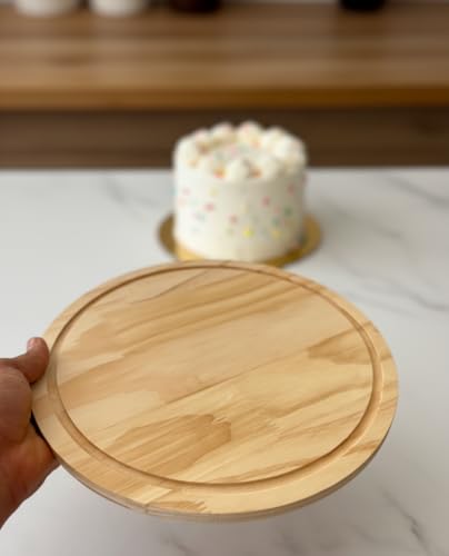 Image of Wooden Cake Display Plate - Single Stand for Showcasing Cakes and Cupcakes | Clear Acrylic Dome Lid, Cake Display Server Tray for Kitchen, Round Cake Cutting Holder