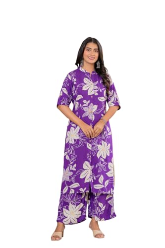 Image of Women's Floral Print Rayon Kurta Palazzo, Round Neck Half Sleeve, Regular Fit, Ethnic Casual Wear