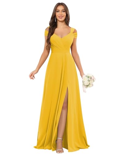 Image of petyoo Off Shoulder Chiffon Bridesmaid Dresses with Slit Long Formal Evening Dress