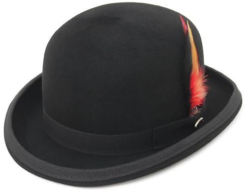 Image of GEMVIE Men's Bowler Derby Hat 100% Wool Bowler Hats for Men with Feather Black Derby Hat Satin Lined