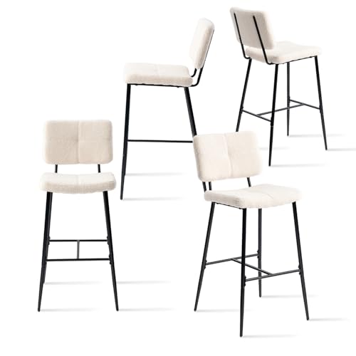 MEUBLE Cosy Taburetes de Bar Juego de 4, Sillas de Cocina en Tela de Bucle con Respaldo y Reposapiés, Asiento Acolchado de 75 cm de Alto, Patas de Acero, Beige