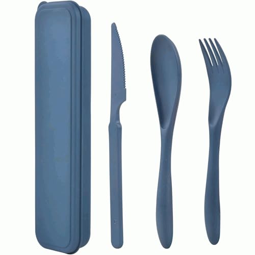 Juego de cubiertos de plástico, Cubiertos de viaje, Juego de cubiertos Reutilizables, Set de cubiertos de viaje, Tamaño estuche 20 cm, Incluye tenedor, cuchillo y cuchara, Plástico, Azul