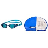 arena Lunettes de Natation pour Enfants The One Junior , Antibuée, avec des Verres Larges, Protection contre les UV & Classic Silicone JR Bonnet de piscine Mixte Enfant, Bleu/Blanc, Taille Unique