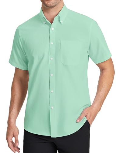 HISDERN Men Shirts Short Sleeve Formal Mint Green Smart Oxford Shirt for Men Summer Solid Regular Fit Button Down with Pocket, 2XL