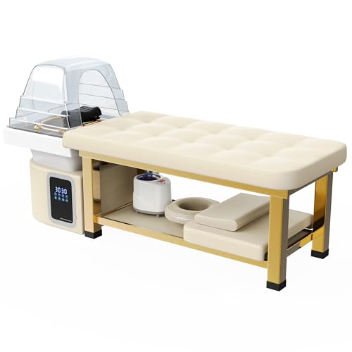 pouseayar Stationary Head Spa Massage Table with Water Cycle & Fumigation Salon Equipment for Beauty Head Spa Physical Therapy Massage, Stainless Steel Gold Color-Plated Frame, Beige Gray PU Leather