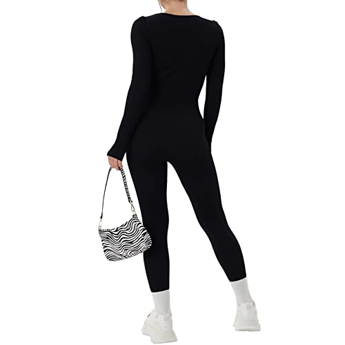 OEAK Damen Sport Jumpsuit Lang Eng Yoga Bodysuit Overall Stretch Langarm Bodycon Strampler Sportanzug Einteiler Hosenanzug Trainingsanzug,Schwarz,S