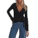 Women Lace Trim Ballet Wrap Tops Going Out Slim Fitted V Neck Workout Yoga Pilates Top Tie Up Long Sleeve Shirts (Black, S)