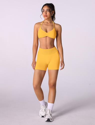 Image of ABOCIW Womens Seamless Workout Sets 2 Piece Strappy Halter Sports Bra Scrunch Butt Shorts Gym Yoga Outfits