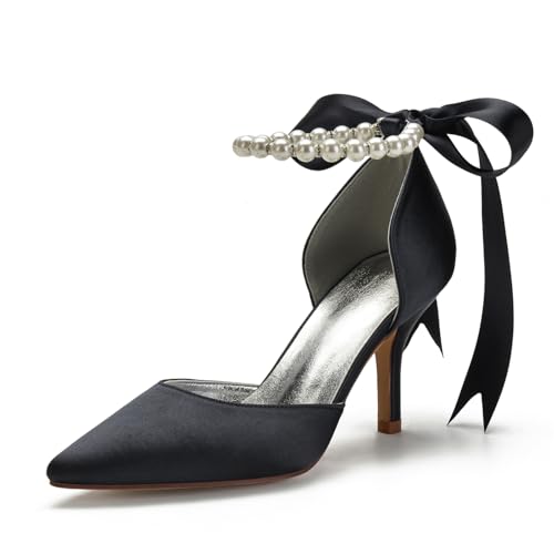 Image of Women's Pearl White Wedding Shoes for Bride High Heels Pointed Toe Bridal Shoes Satin Prom Party Dress Pumps Sandals