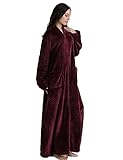 Damen Lounge Flauschige Fleece-Hausmäntel Nachtwäsche Lange Bademäntel mit Reißverschluss vorne, 2128-Burgunderrot, Medium