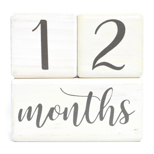 Image of Premium Solid Wood Baby Milestone Age Blocks + Gift Box | Soft White Stained Natural Pine | Weeks Months Years Grade Newborn Photo Props | Perfect Pregnancy Gift and Keepsake, Month Photos