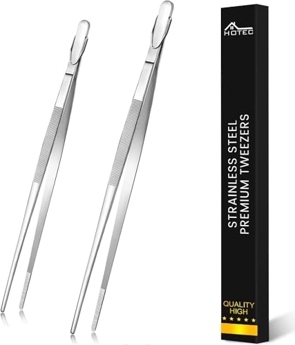 Hotec Stainless Steel Kitchen Tweezers Tongs Professional Kitchen Tongs for Cooking,Grill and Baking, Extra-Long Foood Tweezers, Set of 2-10 and 12inch