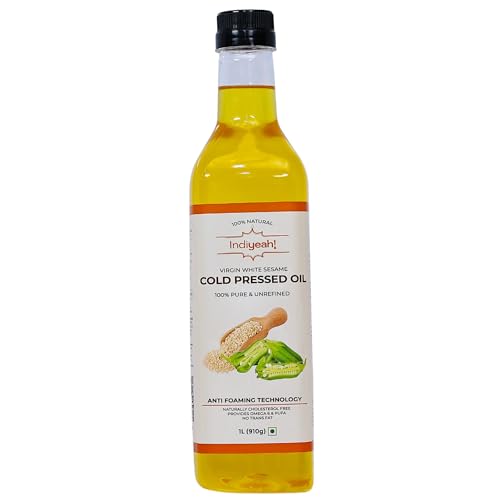 Image of Indiyeah Cold Pressed White Sesame Oil - 100% Pure and Unrefined, Naturally Cholesterol-Free | Enriched with Vitamin E and K | Rich Aroma & Flavor of Real Sesame Seeds | No Foaming | Ideal for Daily Cooking and Multipurpose Usage | A1 Grade Sesame Seeds | Cold pressed Gingerly Oil | Til Ka Tel |Purity in Every Drop | Heart-Healthy Cooking Oil | 1 Liter