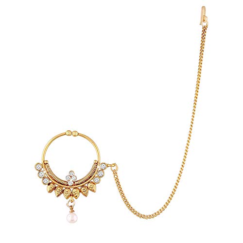 Aheli Wedding Party Pearl Nose Ring Nath with Pearl Chain Traditional Indian Jewelry for Women Aheli Wedding Party Pearl Nose Ring Nath with Pearl Chain Traditional Indian Jewelry for Women