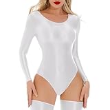 Leotardo lucido de manga larga para mujer, body brillante de cuello redondo sensual corte alto, combinaison baile elástica color sólido con brillo, atuendo ajustado para yoga entrenamiento gimnasio