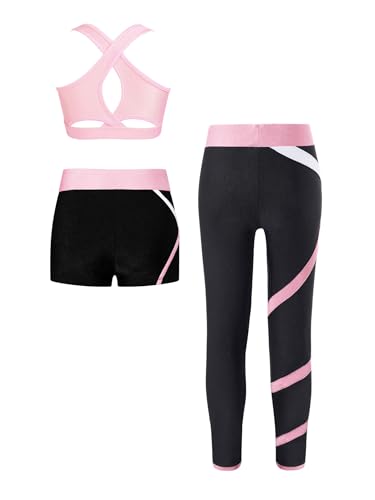 Kids Girls 3Pcs Dance Sports Outfits Crop Top With Booty Shorts and Athletic Leggings Tracksuit Set2