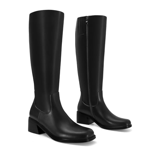 Image of SOVANYOU Women's Knee High Boots Square Toe Chunky Block Heel Riding Boots with Side Zipper Comfortable Stylish Low Heel Tall Boot