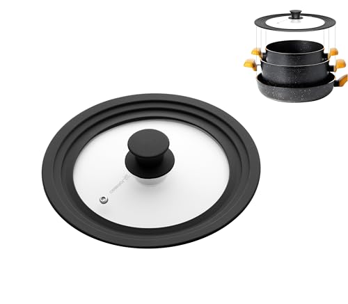 LSR Loreso Universal Pan Lid for Pots Pans and Skillets 7.5-9.5 Inch - Tempered Glass Pot Lid with Auto-Sizing Silicone Rim - Black