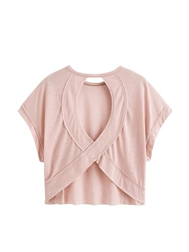 Image of SOLY HUX Women Open Back Tops Workout Backless Tee Casual Athletic Shirts Short Sleeve Oversized Gym T Shirt