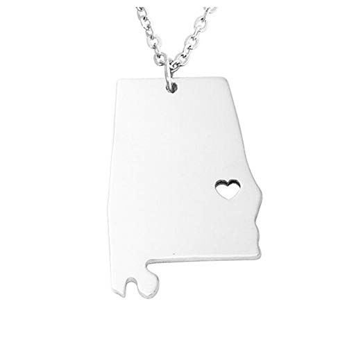 Art Attack Stainless Steel I Love Alabama Necklace, Crimson Tide Heart Of Dixie, Yellowhammer Cotton State, Roll Tide Map Heart Pendant Charm (Silver)