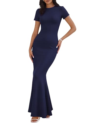 Image of Womens Summer Short Sleeve Square Neck Elegant Casual Lounge Bodycon Slim Maxi Evening Party Long Dress