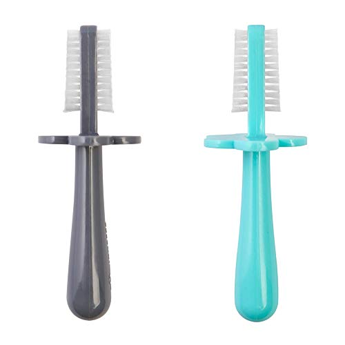 GRABEASE Bundle Double Sided Toothbrush  Baby Toothbrush for 6 Months to 4 Years Old with Soft Bristles  BPA-Free Toddler Toothbrush with Anti-Choke Guard  Includes Free Finger Brush, Grey & Teal