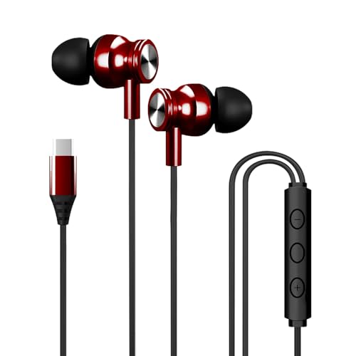 Image of Kratos Tune V4 Red C Type Earphones Wired, Inline Control Type c Headphones with Mic, Sweat Resistant, Comfort Fit Type c Earphone with Volume Control,Metallic c pin Earphones
