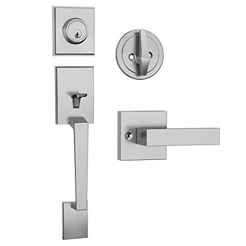 Hosom Self Closing Door Hinge 3.5 Inch Brushed Nickel 4 Pack Bundle With Front Door Handle And Deadbolt Set #TOP4