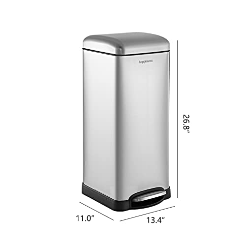 Image of happimess Betty 8 Gal Step Trash Can Soft-Close Lid, Platinum Silver | Fingerprint Resistant, Removable Liner, Semi-Rectangular, Steel Pedal, Iron Powder Coated, 27 inch Height, Non-Skid Base