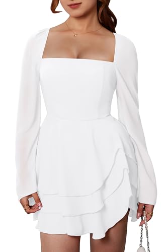 GOBLES Women's Sexy Long Flare Sleeve Square Neck Chiffon Tiered Mini Cocktail Party Dress White