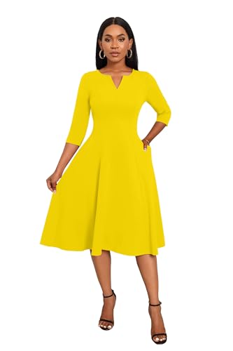 Image of Nmoder Midi Dresses for Women A-Line Fit and Flare Dress 3 /4 Sleeve V Neck Cocktail Wedding Guest Work Dress with Pockets