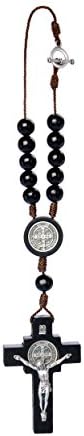 Car Rearview Mirror Rosary Decade Crucifix Ornament - Made in Brazil (St Benedict - Black)